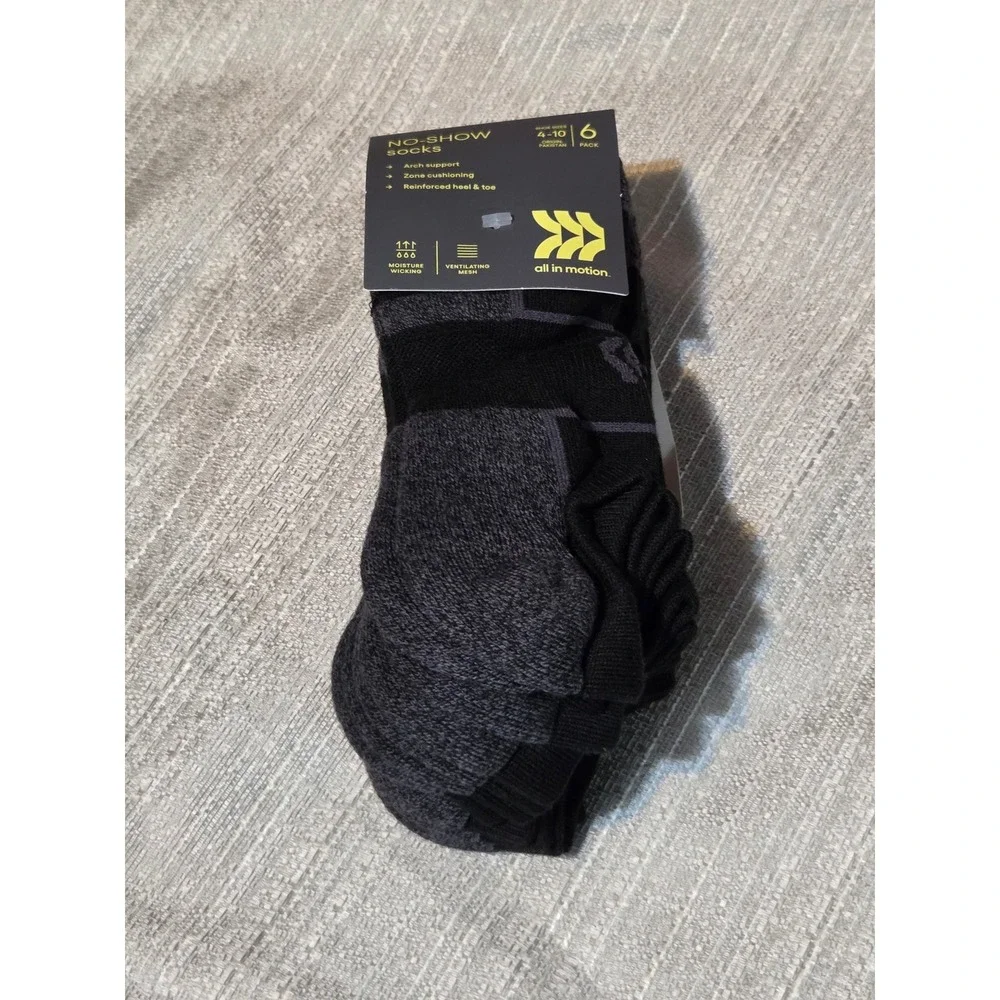 All in Motion Mens No-Show Socks 6 Pack Black Grey Shoe Size 4-10 Arch Support